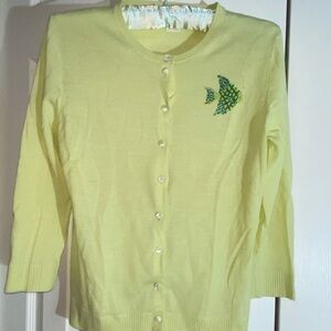 J. Crew “Jackie” Green Button Cardigan 3/4 Sleeve M Beaded Fish 100% Wool   AA10
